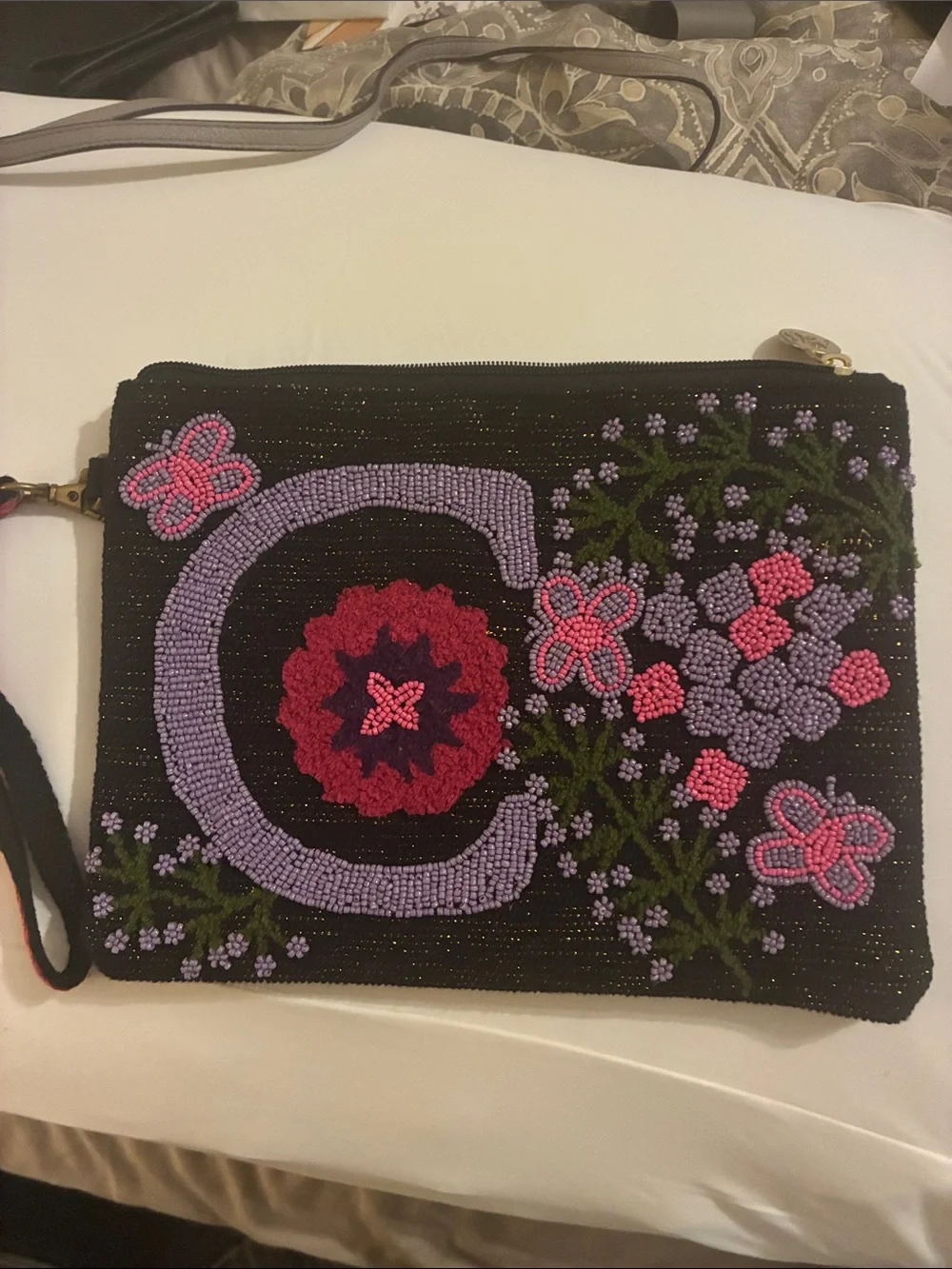 Beaded‎ Floral Wristlet Clutch in Black with Pink & Purple